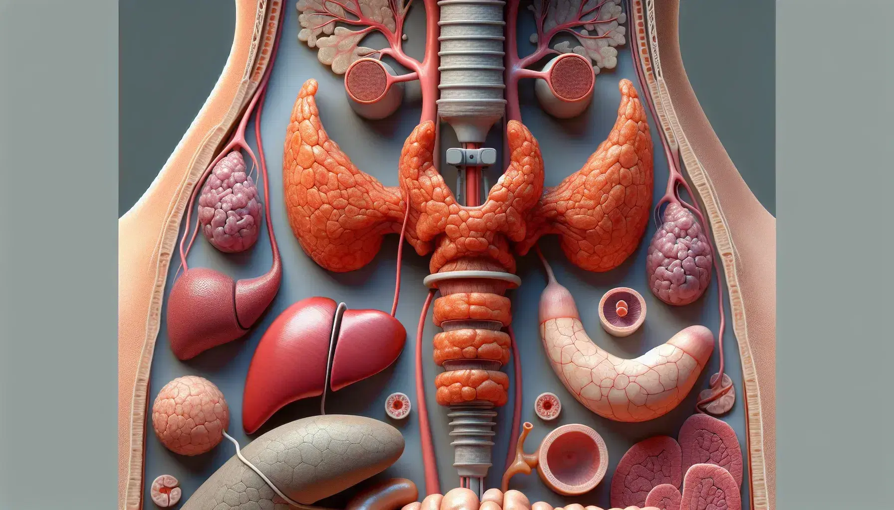 Representación detallada de órganos del sistema endocrino, incluyendo la glándula pituitaria, tiroides, paratiroides, páncreas con islotes de Langerhans y glándula suprarrenal sobre riñón.