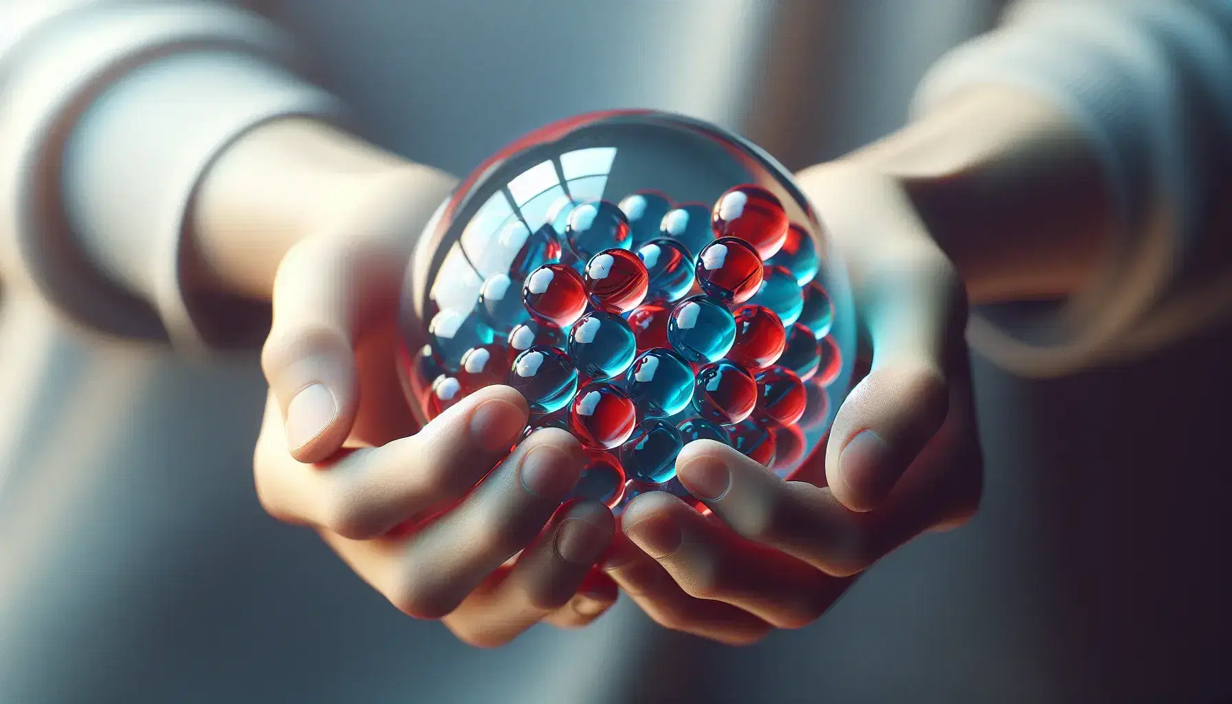 Hands holding a transparent sphere filled with red and blue marbles, with a neutral blurred background that enhances the bright colors of the marbles.