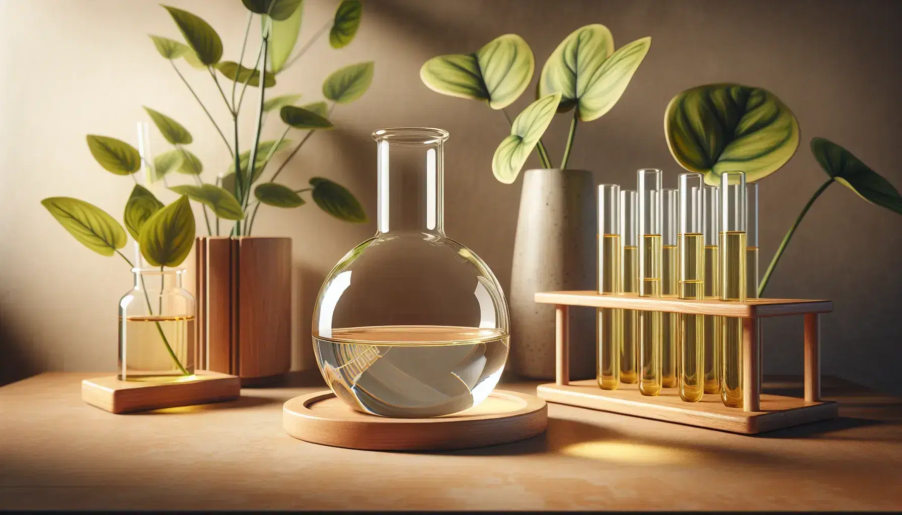 Glass bottle on laboratory bench with yellow liquid, test tubes and green plant, clean environment and soft lighting.