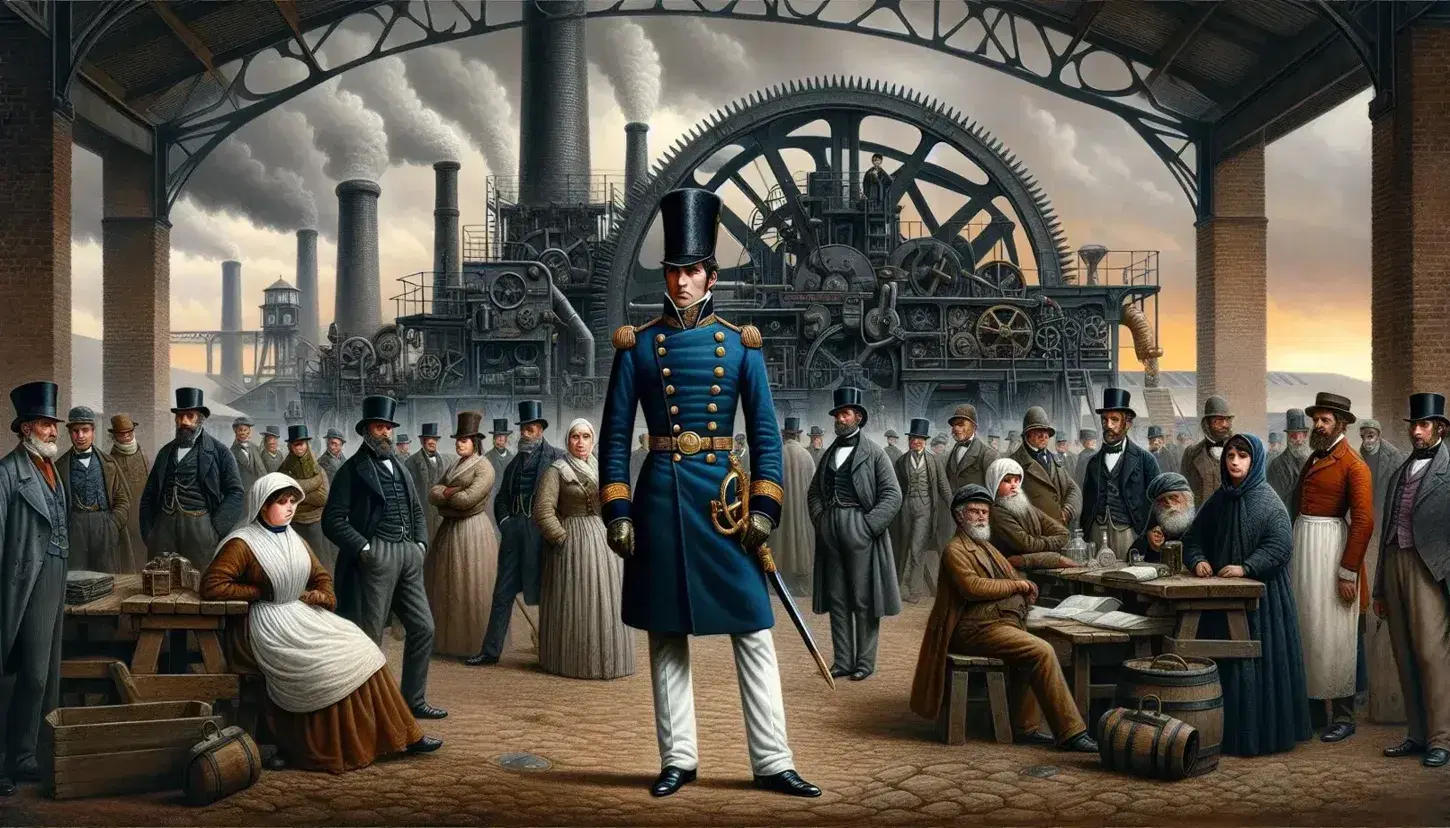 Grupo de personas con vestimenta del siglo XIX y hombre en uniforme militar frente a estructura industrial con chimeneas humeantes y maquinaria de vapor.