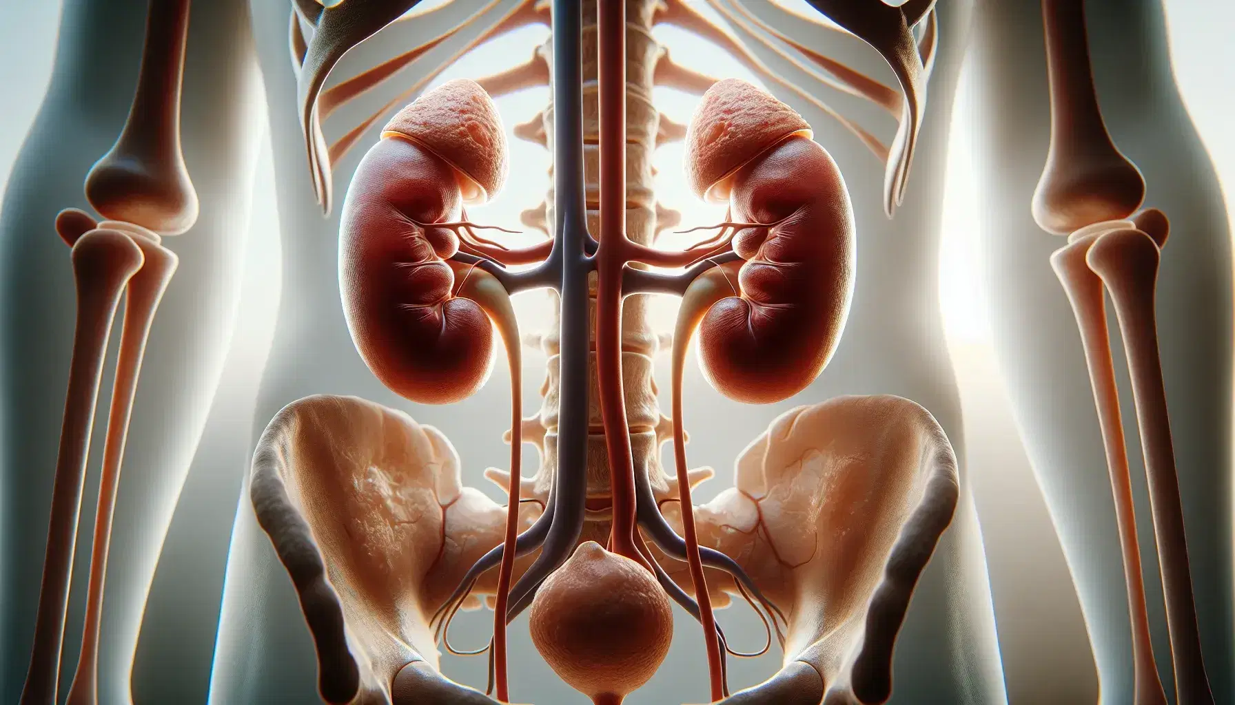Riñones humanos realistas con ureteres y vejiga parcialmente visible en su ubicación anatómica correcta, destacando su forma y textura.