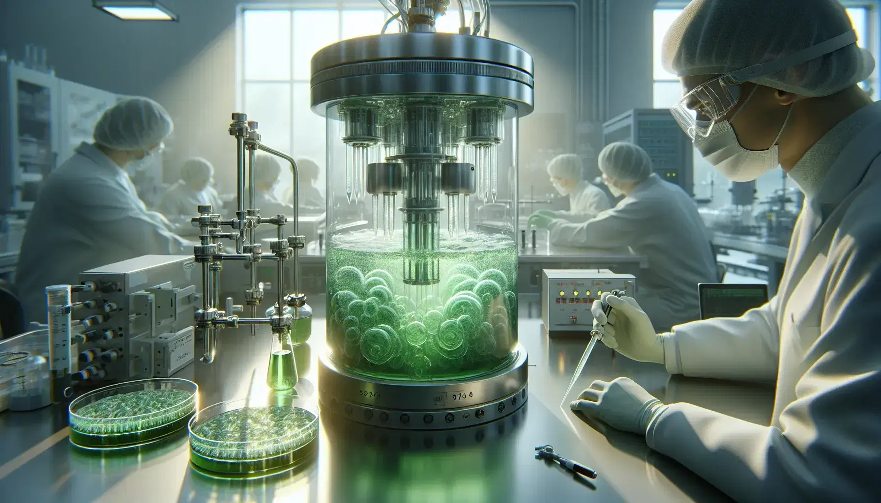Bioreactor in lab with swirling green culture, scientist pipetting sample, petri dishes with microbial growth on bench, sterile setting.