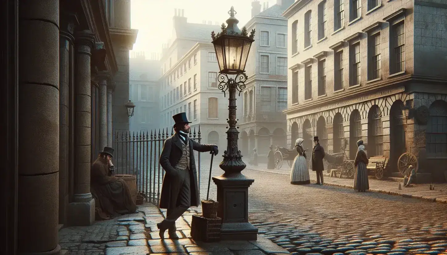 Escena de calle adoquinada en ciudad europea del siglo XIX con hombre de sombrero y mujer con vestido claro conversando junto a farola de hierro forjado.