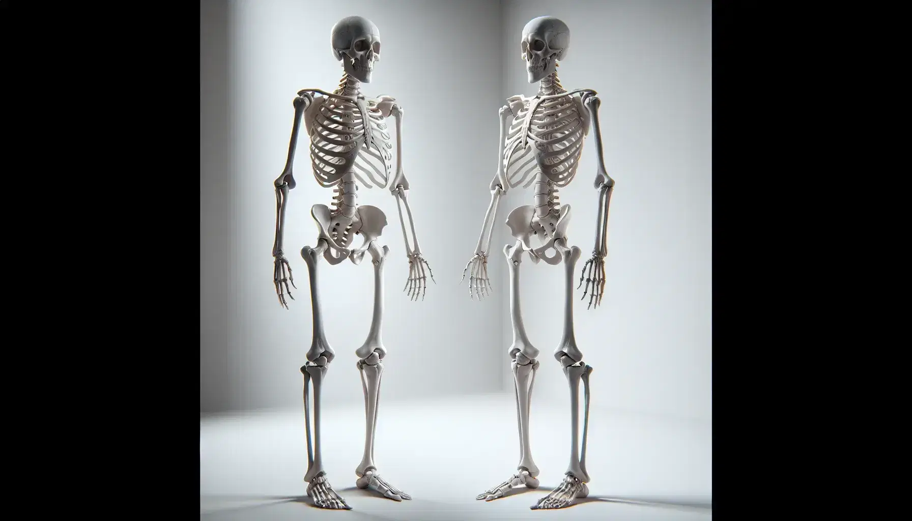 Esqueleto humano completo de tamaño real en posición erguida mostrando la estructura ósea y articulaciones, con fondo neutro que resalta los detalles anatómicos.