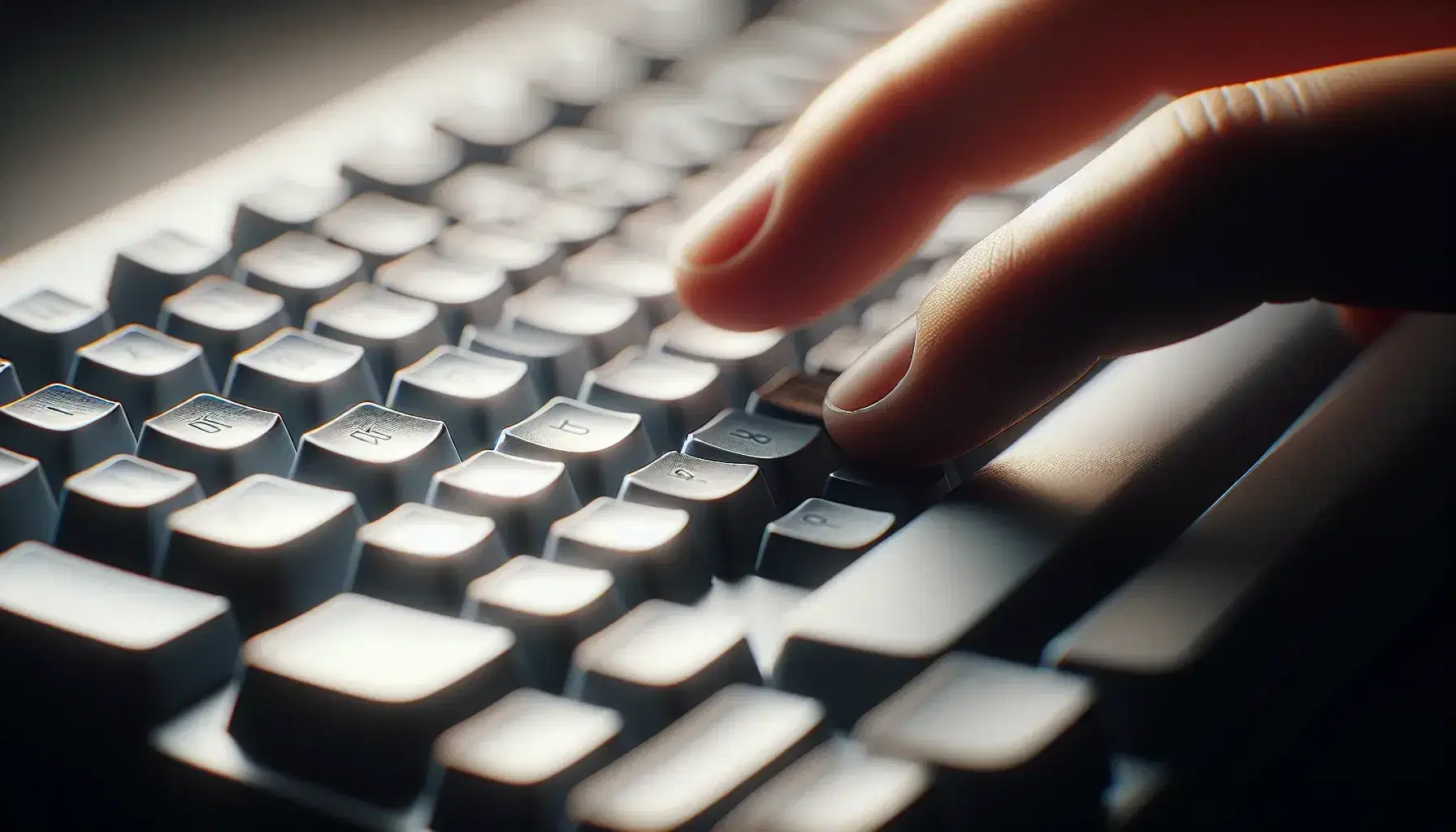 Close-up of a computer keyboard in shades of gray with blurred keys and human hand ready to type, neutral blurred background.