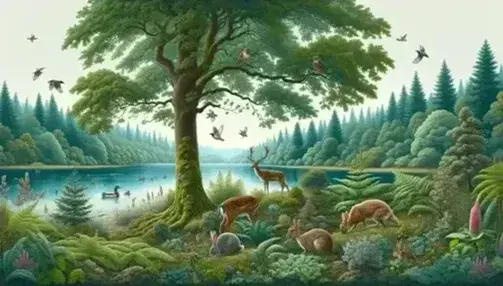 Lush forest with deciduous tree, deer and rabbit grazing, red bird on branch and squirrel on trunk, serene lake with ducks, blue sky.