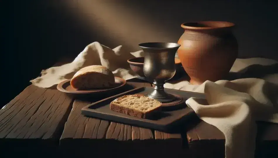 Mesa rústica de madera oscura con copa metálica brillante, plato de cerámica con pan ácimo y jarra de cerámica terracota bajo luz cálida.