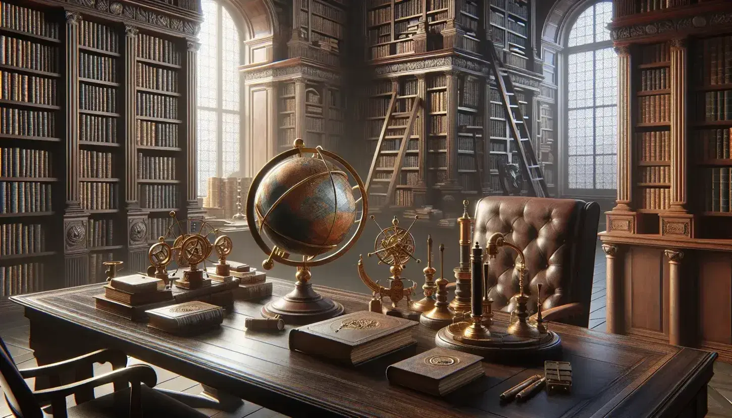 Biblioteca antica con scrivania in legno scuro, sfera armillare, microscopio in ottone, globo terrestre, librerie piene e poltrona in pelle.