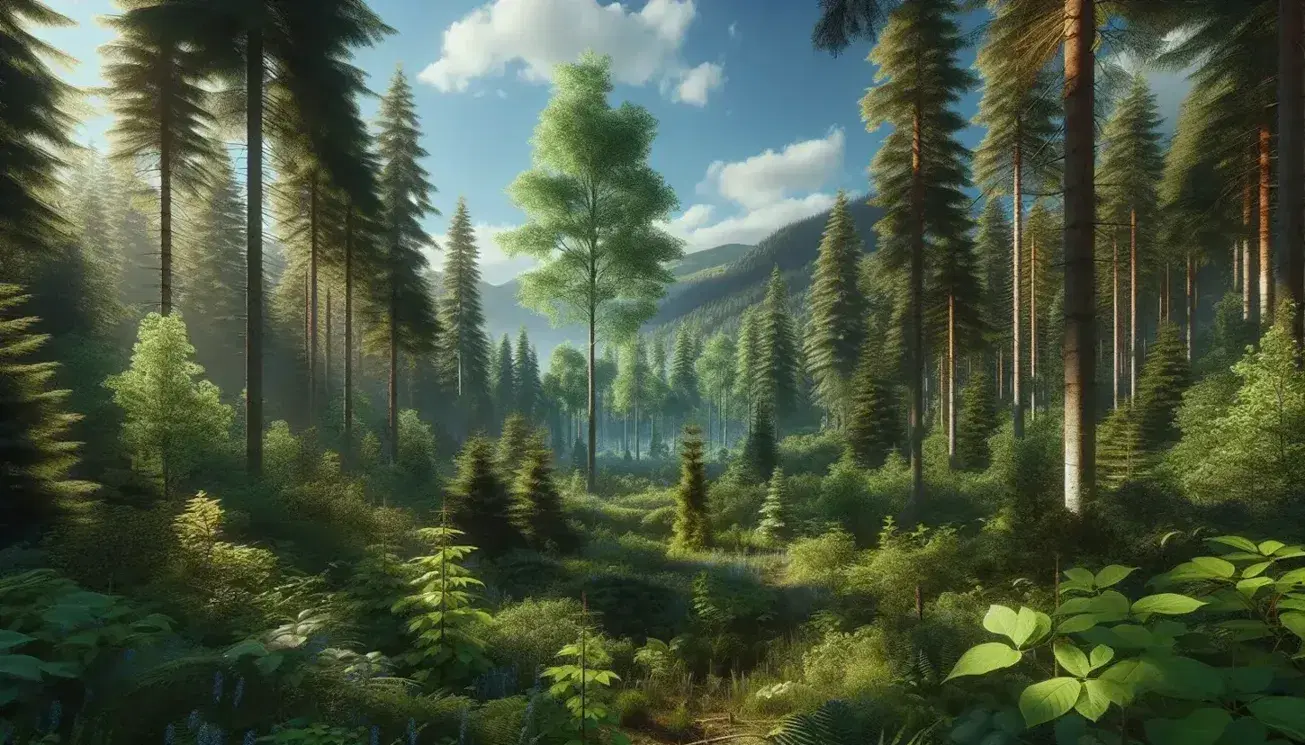 Foresta rigogliosa con alberi verdi, giovani piantine in primo piano e montagne sfocate sullo sfondo sotto un cielo azzurro.