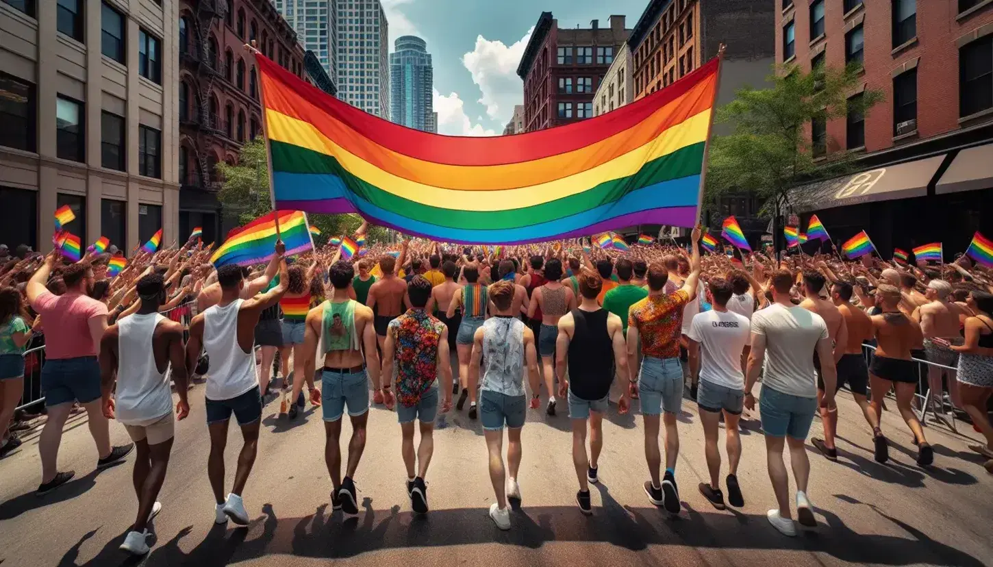Pride parade participants march joyfully, holding a large rainbow flag, with a crowd of celebrators in a city street under a clear blue sky.