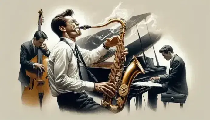 Gruppo jazz in azione con sassofonista, pianista, contrabbassista e batterista in un ambiente intimo e illuminato.