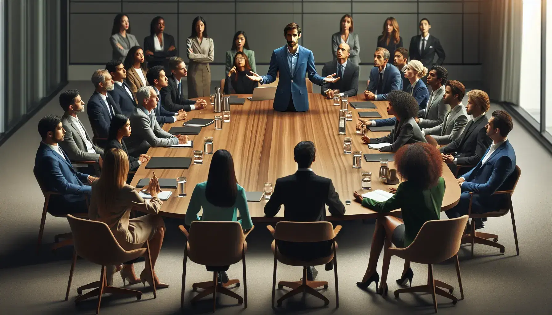 Diverse group of professionals engaged in a meeting around an oval wooden table, with one person leading the discussion in a well-lit room.