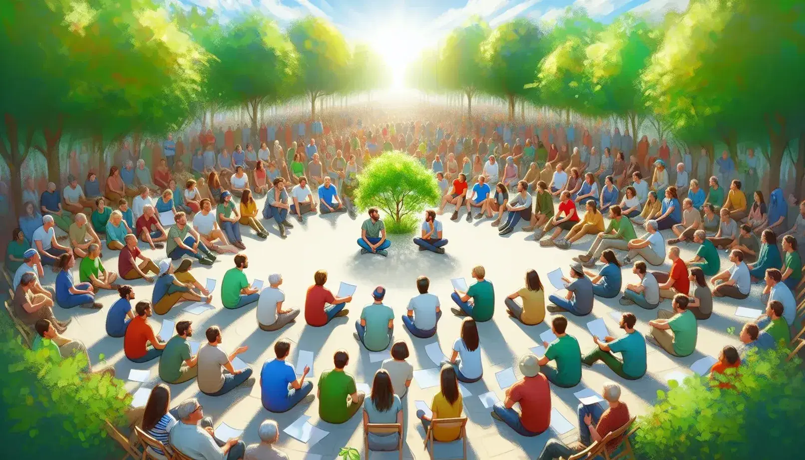 Gruppo eterogeneo seduto in cerchio in un parco con albero centrale, discutendo pacificamente con fogli in mano, in un'atmosfera serena.