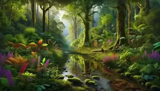 Lush rainforest with clear stream, flowering plants, mossy trees, colorful birds and dense sunlit canopy.