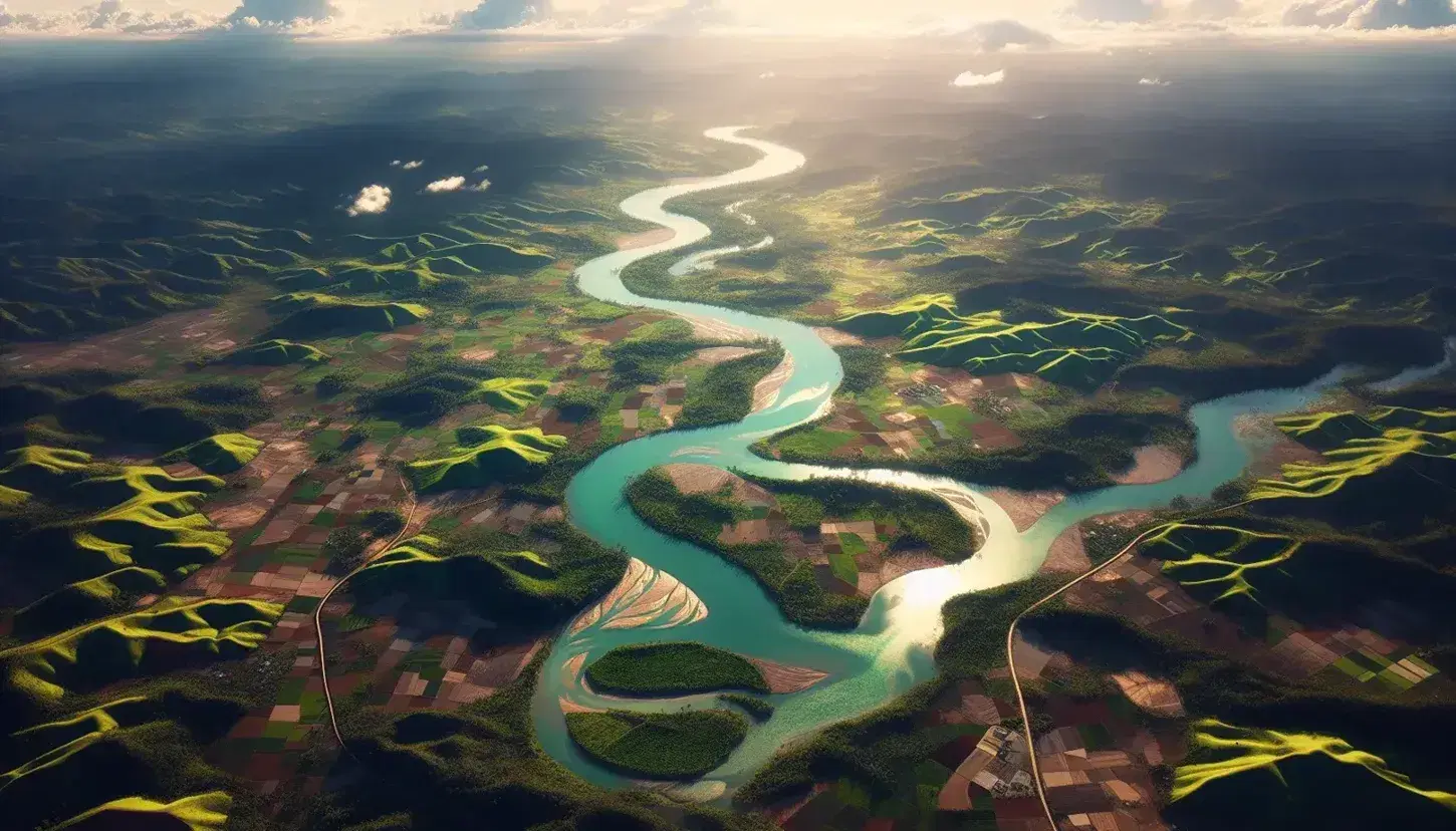 Vista aérea de un paisaje con río serpenteante, áreas verdes y campos agrícolas, conectados por carreteras delgadas y colinas al fondo.
