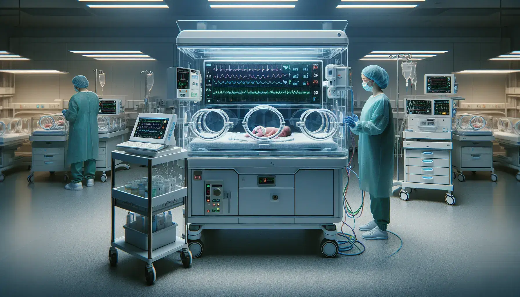 Recién nacido en incubadora de cuidados intensivos neonatales con monitores de signos vitales, acompañado por profesional de la salud en ambiente controlado.