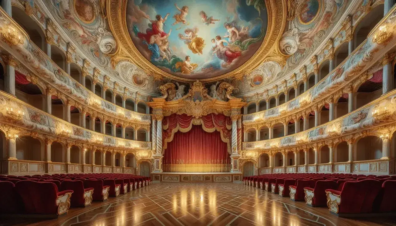 Interno teatro barocco del XVII secolo con palcoscenico, tende rosse, colonne corinzie, affreschi mitologici e lampadario di cristallo.