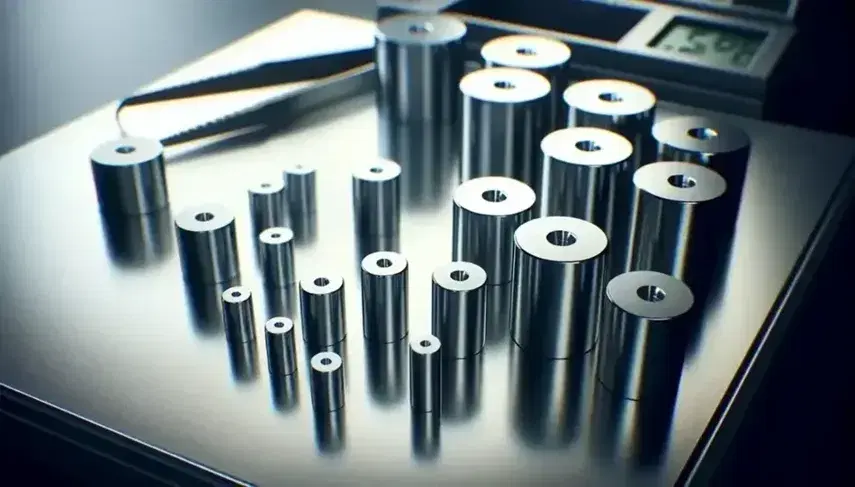 Conjunto de pesas de calibración de precisión en orden ascendente sobre superficie reflectante con pinzas de precisión al fondo.