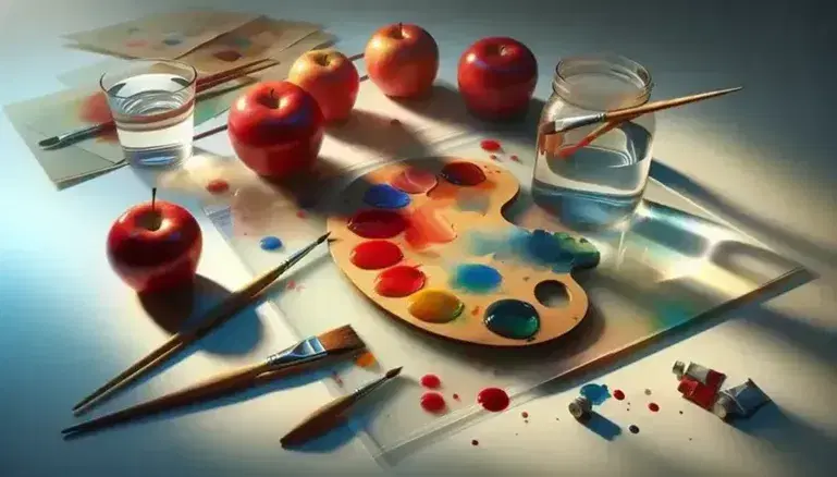 Paleta de pintura de madera con manchas de colores, pincel azul, tres manzanas rojas y frasco de agua en fondo neutro, sin escritos visibles.