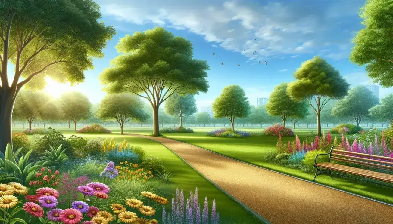 Serene park with a meandering gravel path, vibrant wildflowers, wooden bench, leafy trees, and a clear blue sky with wispy clouds.