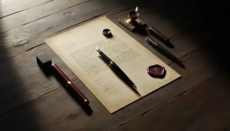 Mesa de madera oscura con documento en papel crema doblado, pluma estilográfica negra con detalles dorados y sello de cera rojo junto a barra de cera y encendedor.