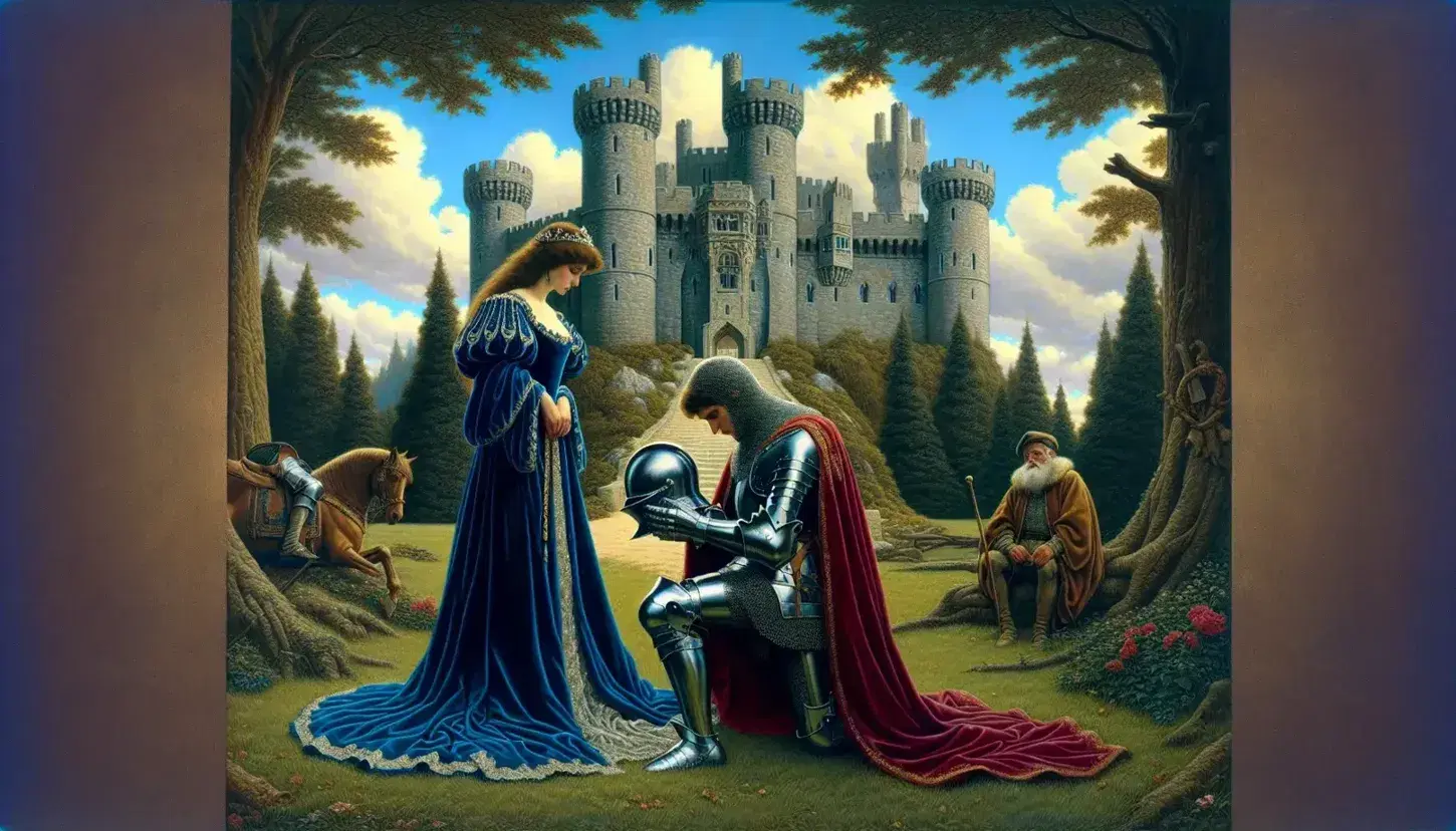 Cavaliere in armatura inginocchiato davanti a dama in abito blu in giardino castello medievale, nano osserva, cielo azzurro sopra.