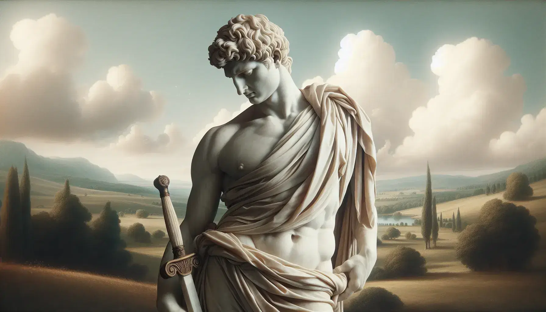 Statua in marmo bianco di figura storica romana in toga con sfondo paesaggio gallico e spada romana Gladius appoggiata.