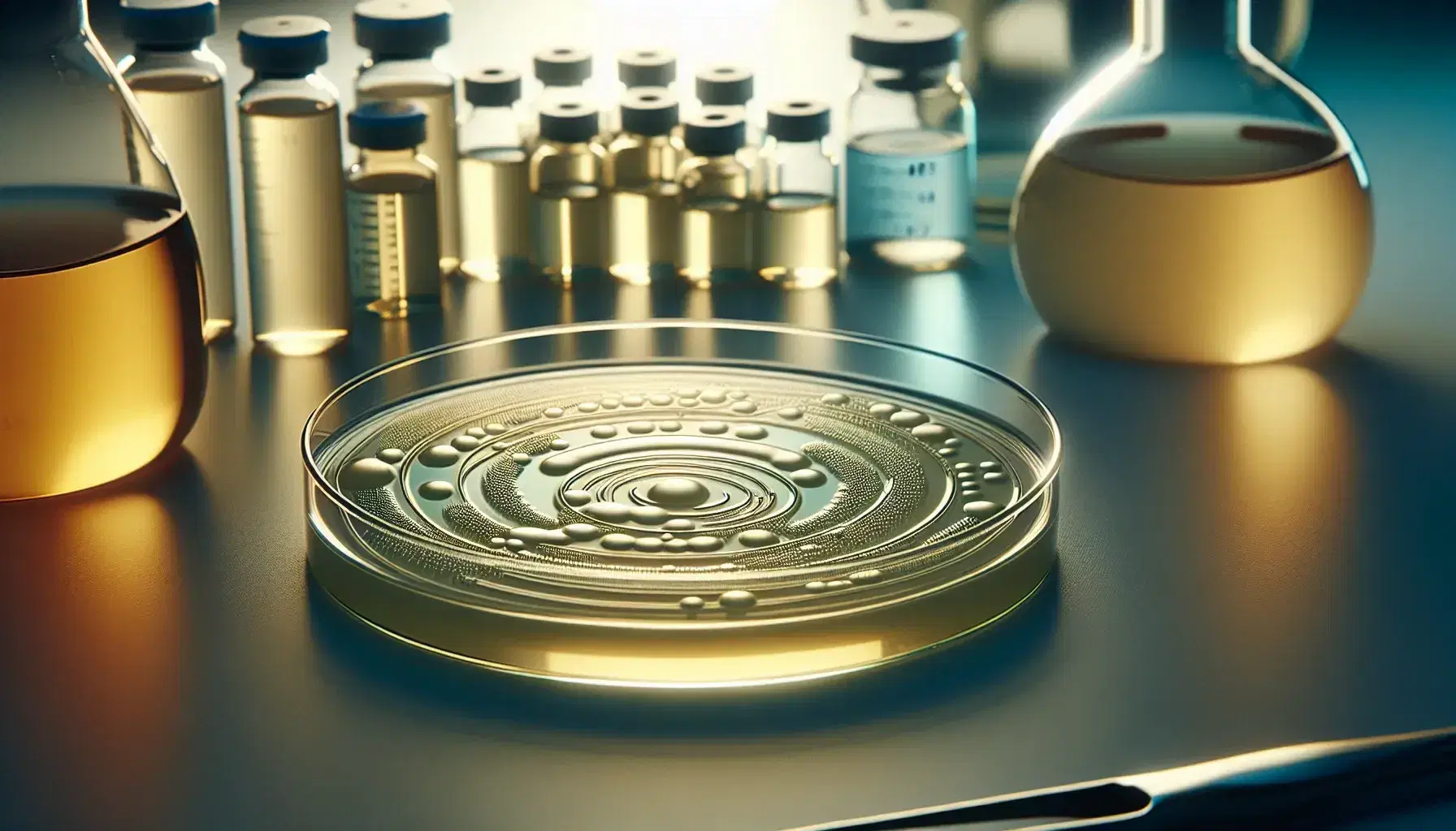 Petri dishes in the laboratory with circular inhibition zones on pale yellow agar, steel tweezers and blurry test tubes with colored liquids.