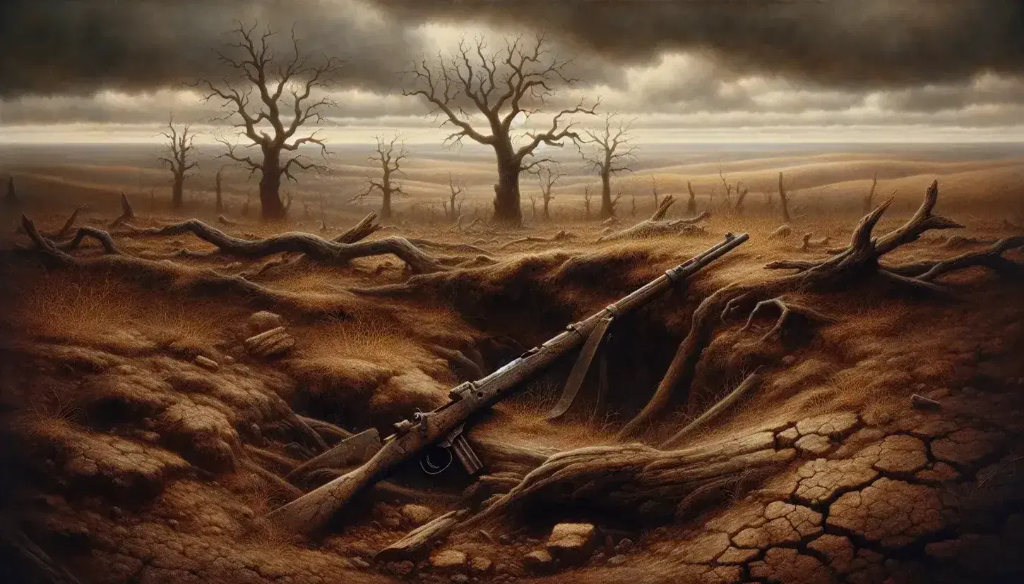 Desolate post-battle landscape with broken and rusty rifle, cracked earth and bare trees under a cloudy sky.