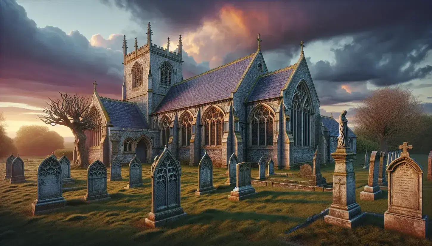 Tudor-era stone church with Gothic architecture, large arched windows, and a spire tower, surrounded by a graveyard with tombstones at sunset.