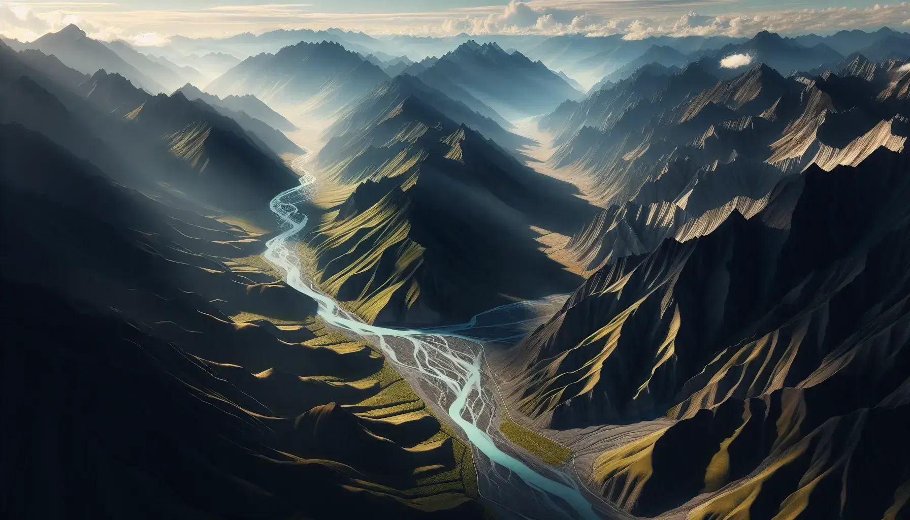 Vista aérea de una cadena montañosa con picos irregulares y vegetación verde oscuro, un río serpenteante y valles con vegetación más clara al amanecer o atardecer.