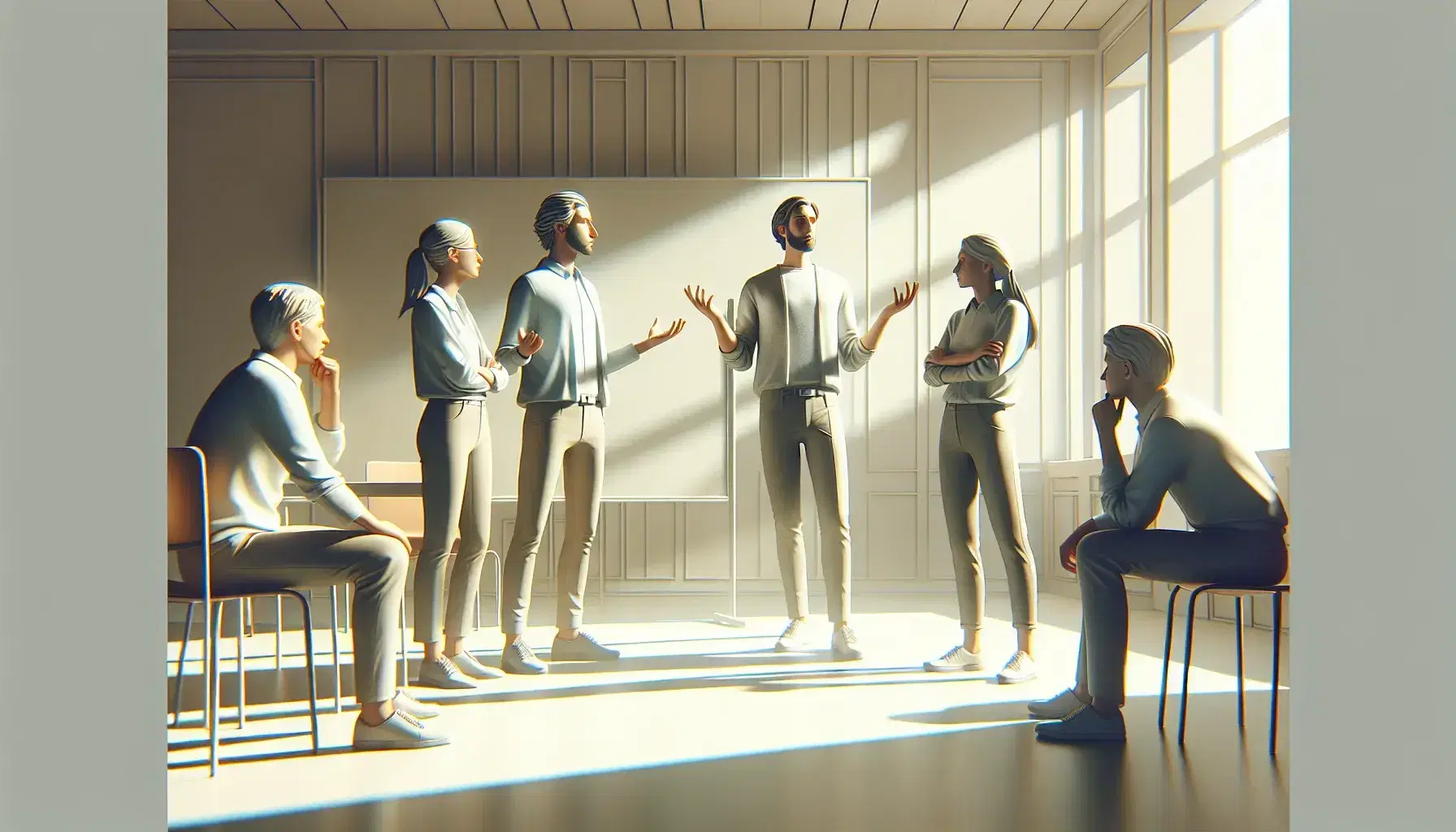 Cuatro profesionales interactúan en una sala de reuniones iluminada, dos conversan activamente con gestos explicativos y los otros dos observan atentamente.