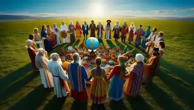 Gruppo multietnico in abiti tradizionali scambia oggetti culturali attorno a un globo su erba verde sotto cielo azzurro.