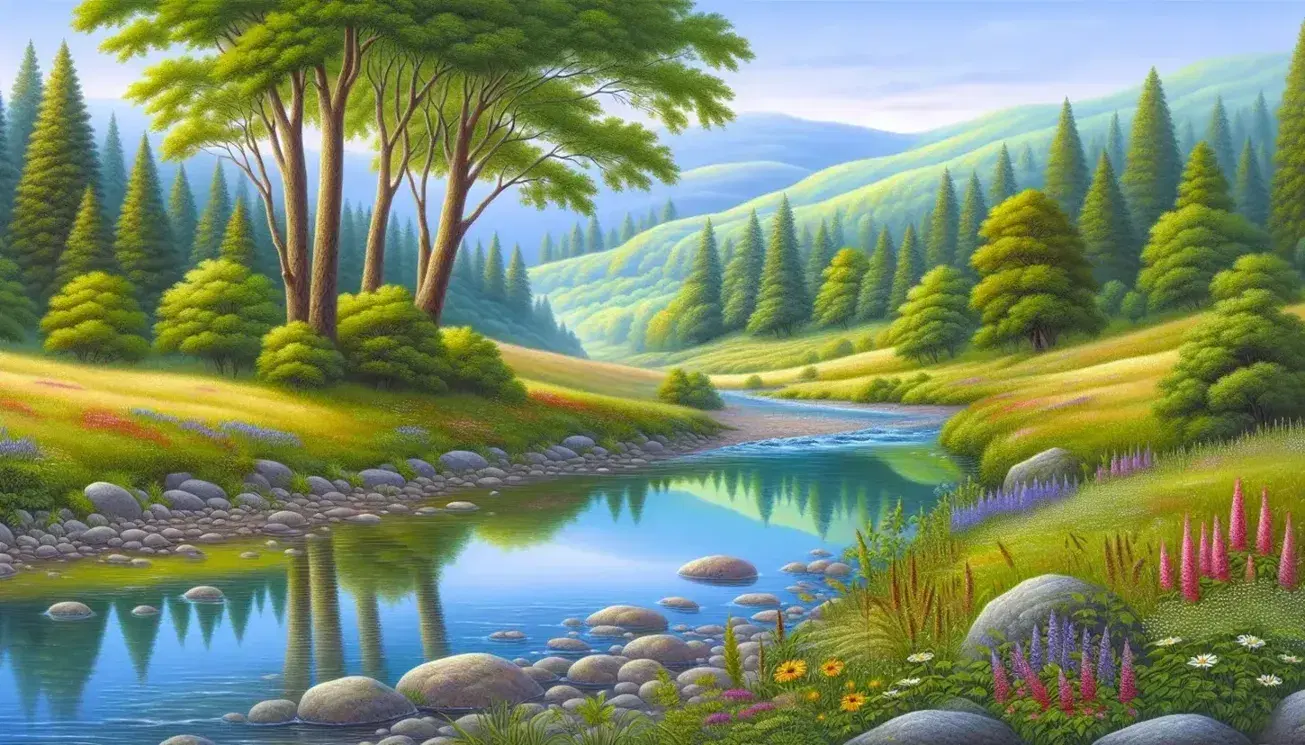 Serene natural landscape with clear river, green meadow with wild flowers and green hills under blue sky.