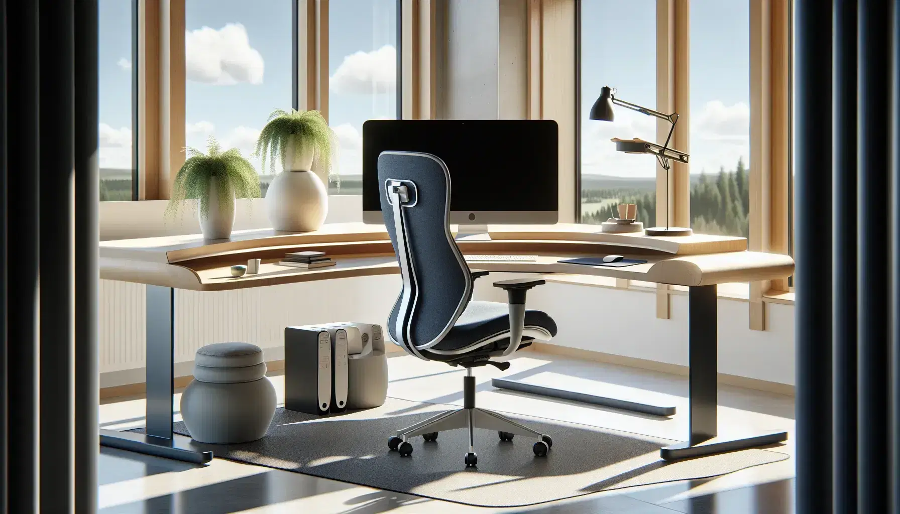Oficina moderna y luminosa con silla ergonómica azul, escritorio de madera, monitor elevado, teclado y ratón inalámbricos, planta verde y taburete ergonómico junto a ventana con vista a árboles.