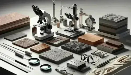 Mesa de laboratorio con muestras de madera, piedra y metal, micrómetro de precisión, lentes de aumento, microscopio óptico, guantes y gafas de seguridad.