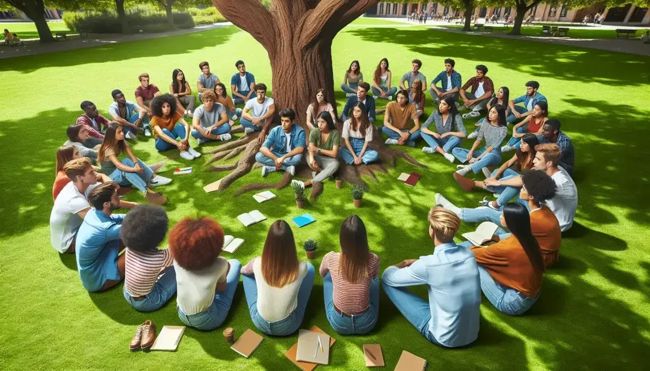 Estudiantes diversos sentados en círculo en un campus universitario al aire libre, debatiendo activamente bajo la sombra de un árbol frondoso, con edificios de ladrillo al fondo.