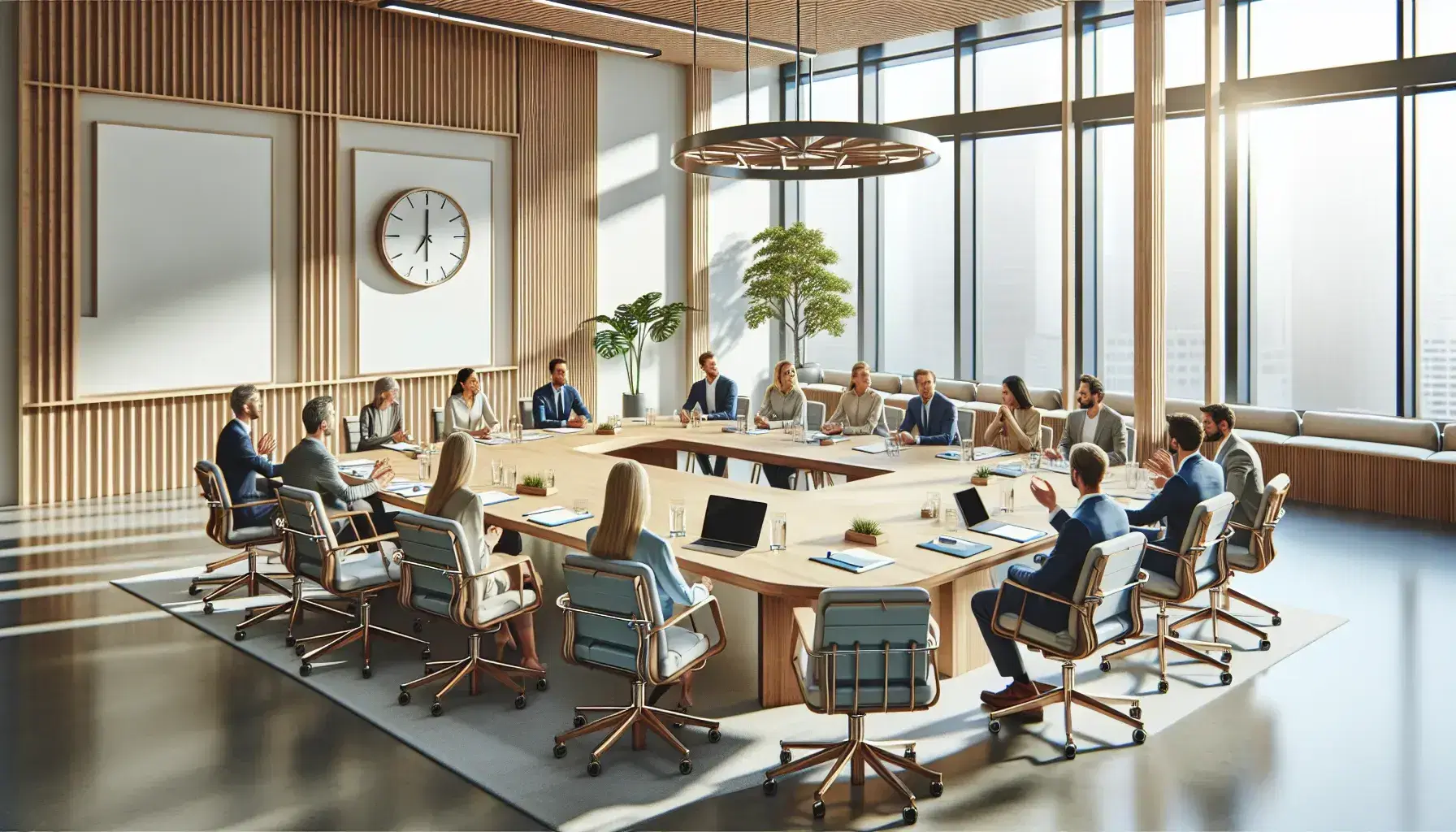 Sala de reuniones iluminada con luz natural, mesa ovalada de madera, sillas con cojines azules y grupo diverso de personas en una discusión activa, sin textos visibles.