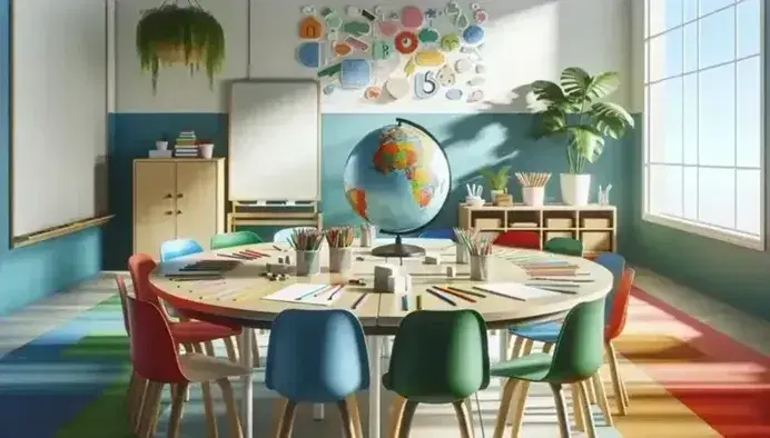 Aula colorata con tavolo semicircolare, sedie multicolori, materiale didattico, globo, lavagna bianca, piante e libreria.