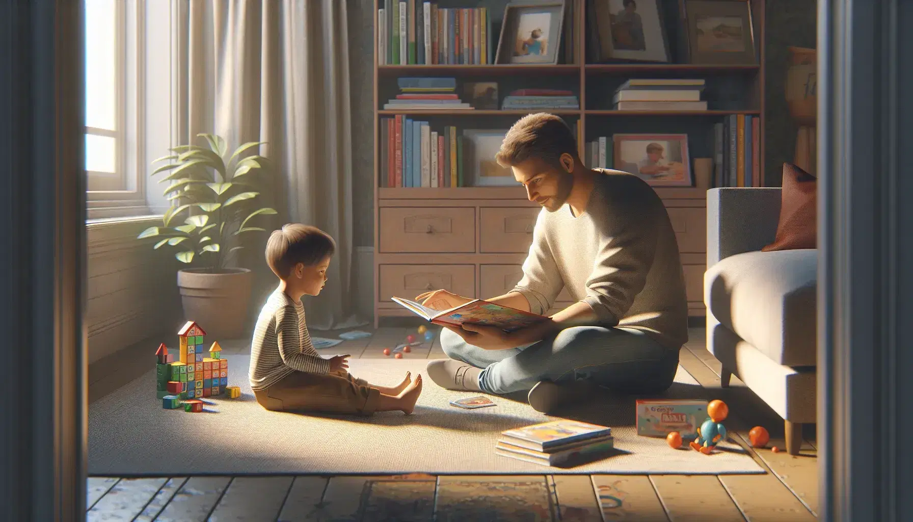 Escena familiar con adulto y niño sentados en alfombra leyendo un libro, rodeados de juguetes educativos y una planta, en una habitación iluminada naturalmente.