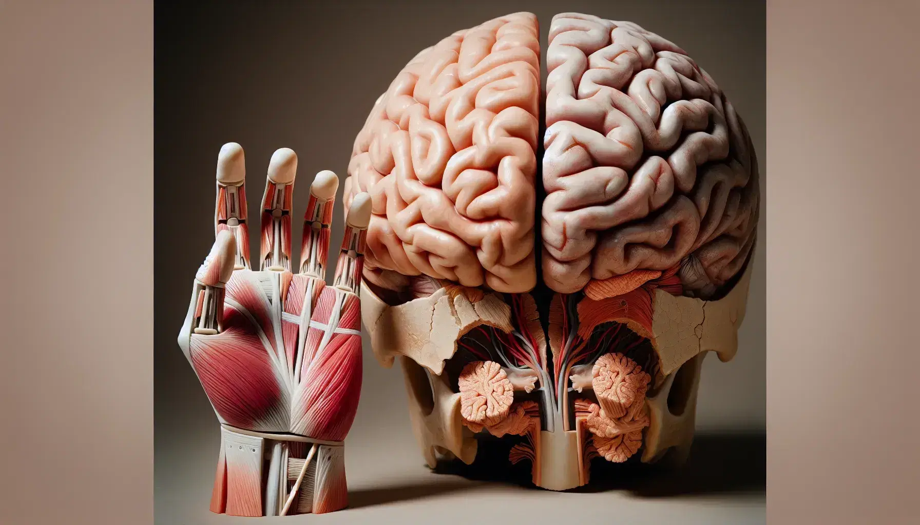 Detailed human brain model bisected to show internal structures with a hand model displaying muscles and tendons, against a neutral background.
