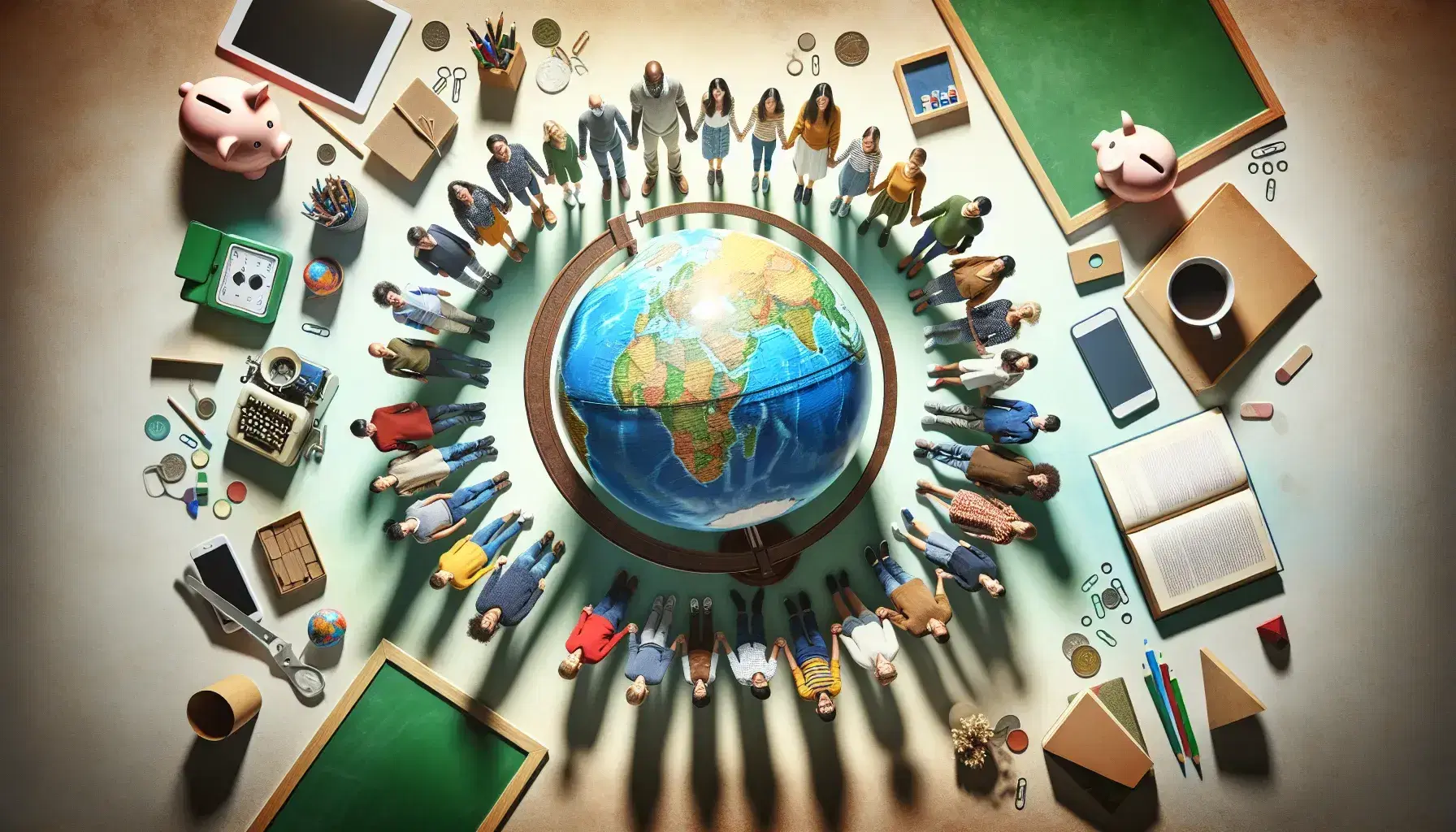 Diverse group holding hands in a circle around a globe, with a piggy bank, open book, and chalkboard nearby, symbolizing unity and education.