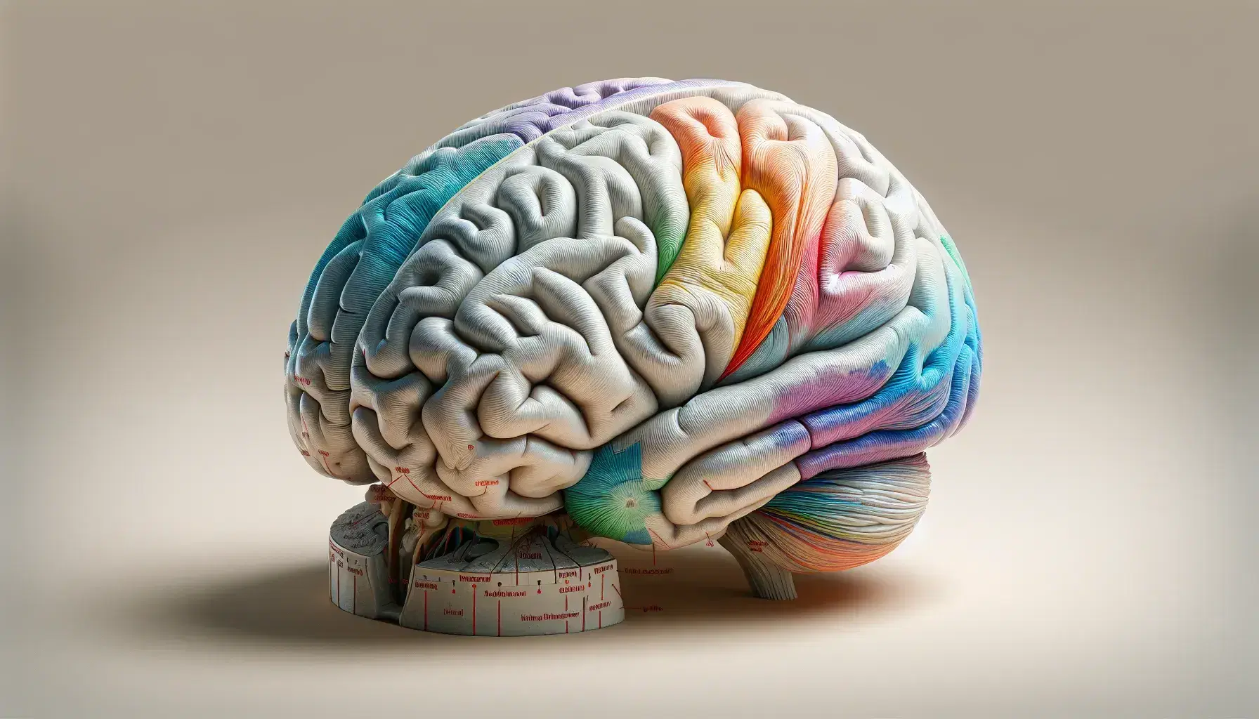 Rappresentazione 3D del cervello umano con aree di Brodmann colorate, evidenziando regioni prefrontale, parietale, occipitale e temporale.