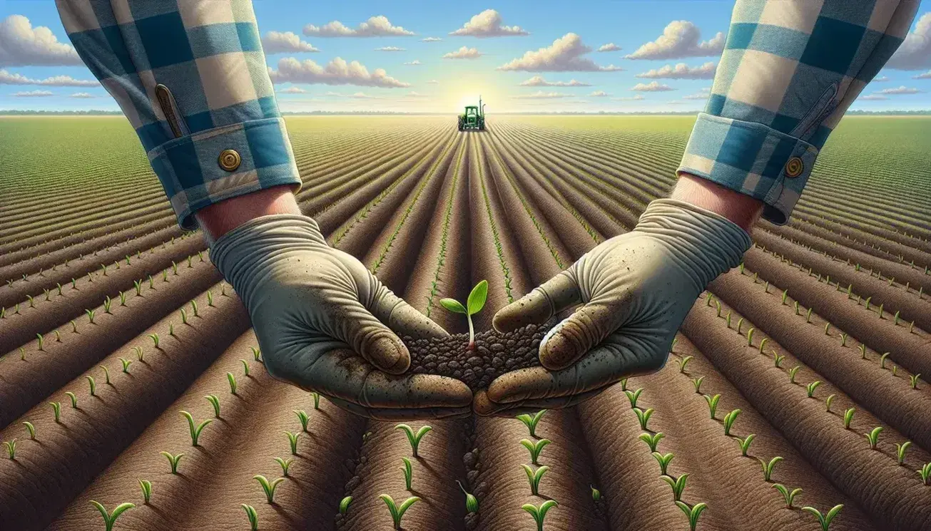 Manos enguantadas sostienen un brote verde con tierra en una granja soleada, con filas de plantas y un tractor al fondo bajo un cielo azul con nubes.