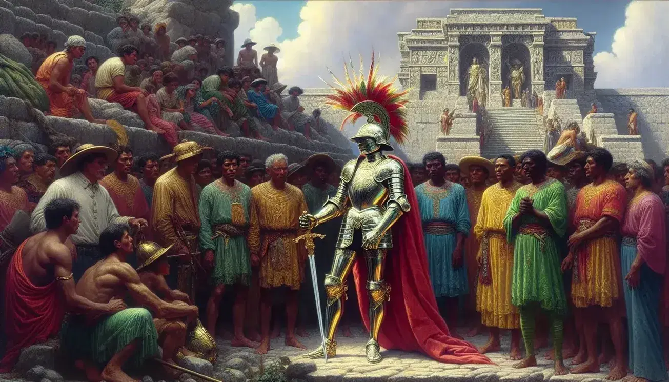 Encuentro entre conquistador en armadura con capa roja y nativos con atuendos coloridos y adornos de oro frente a templo antiguo con escalinatas.