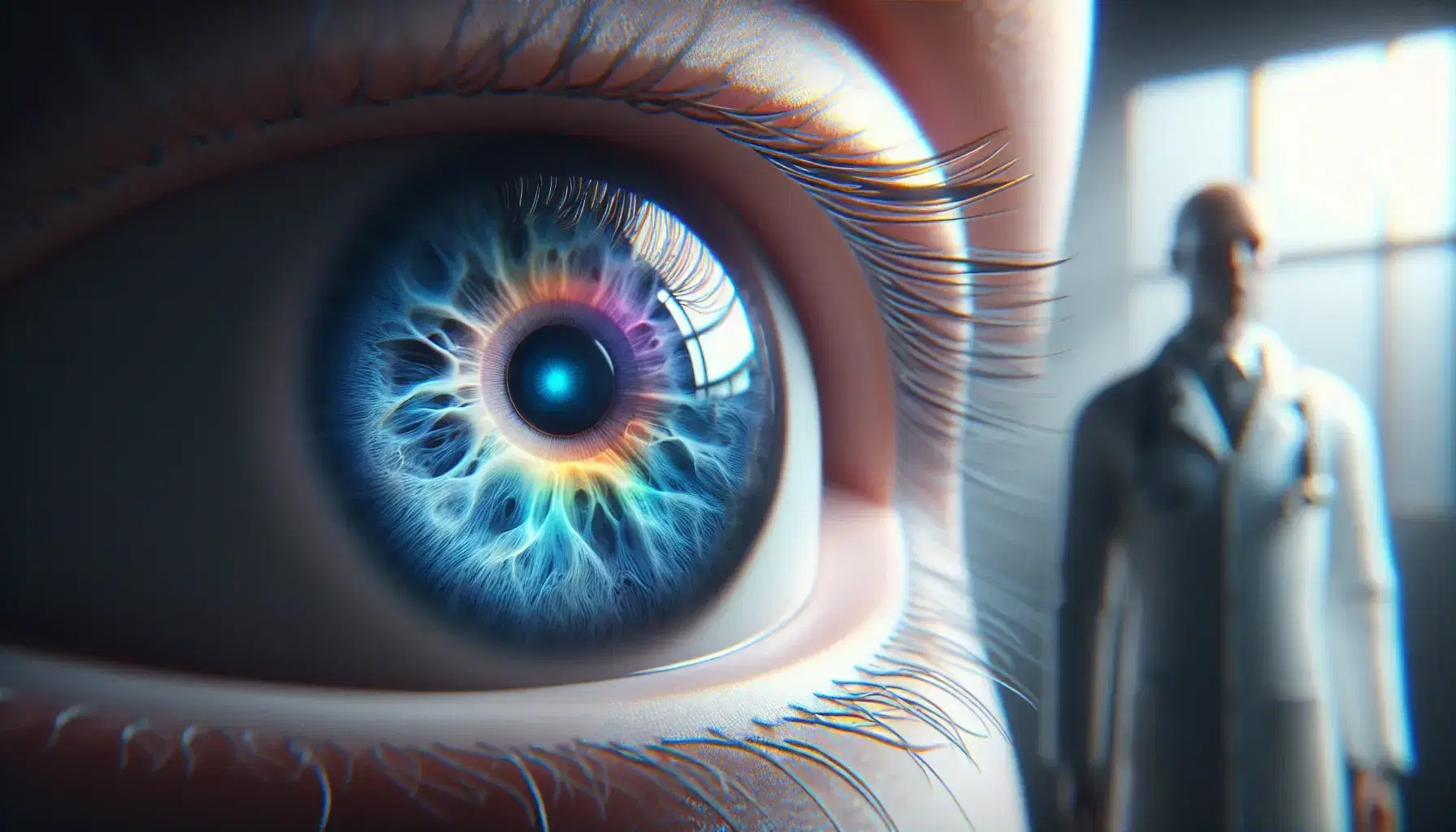 Ojo humano en primer plano con iris azul intenso y pupila dilatada reflejando un espectro de colores, rodeado de fibras musculares y esclerótica blanca, con fondo desenfocado.
