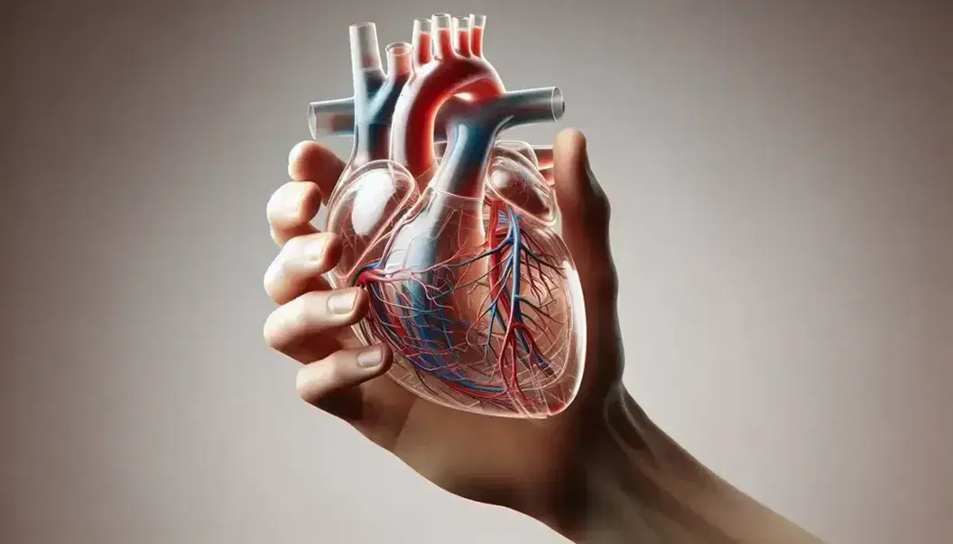 Mano sosteniendo modelo transparente del corazón humano que muestra cámaras y vasos sanguíneos en tonos rojos y azules, sobre fondo neutro.