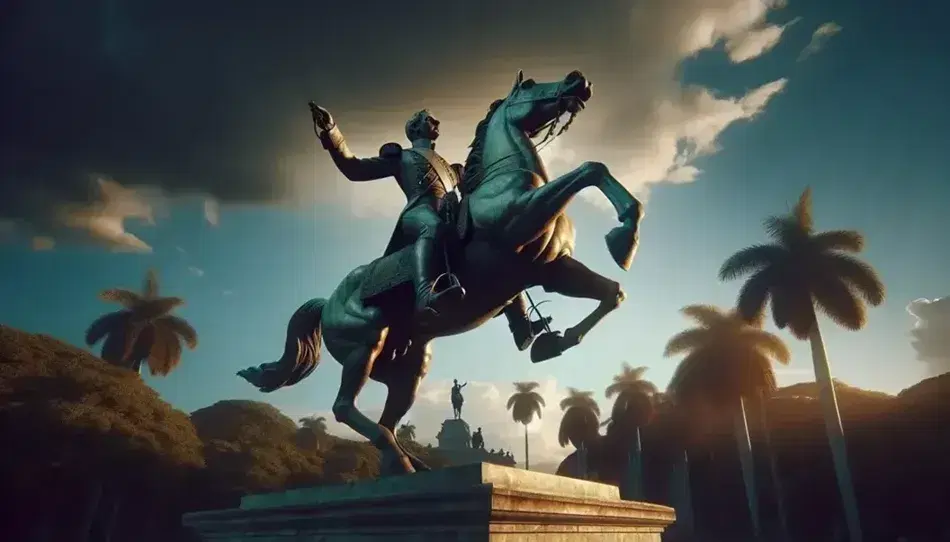 Estatua ecuestre de bronce de un militar del siglo XIX a caballo en actitud de liderazgo, sobre pedestal de piedra, con cielo azul y vegetación tropical de fondo.