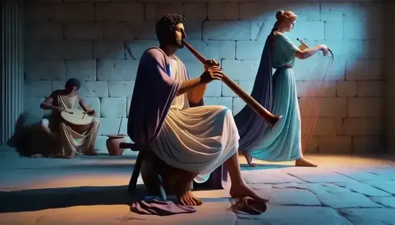 Scena greca antica con uomo seduto su sgabello suonando aulos e donna in tunica azzurra danzante, in ambiente illuminato da luce naturale.