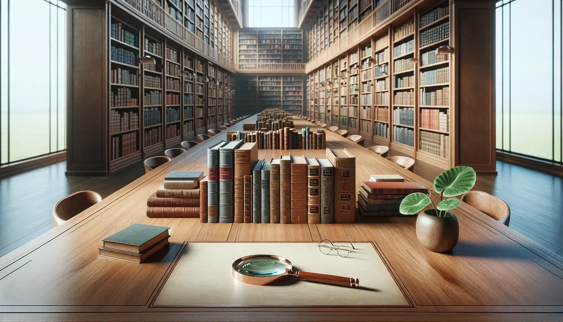 Biblioteca espaciosa con mesa de madera y libros variados, lupa sobre papel blanco, estantes llenos de libros y planta verde al lado.